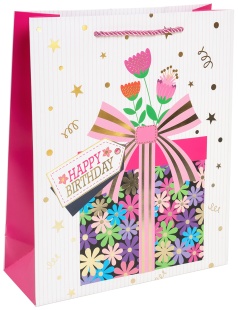 Пакет подарочный, 210гр, Happy Birthday  (цветочный подарок), Металлик, 32*26*10 см, 1 шт.