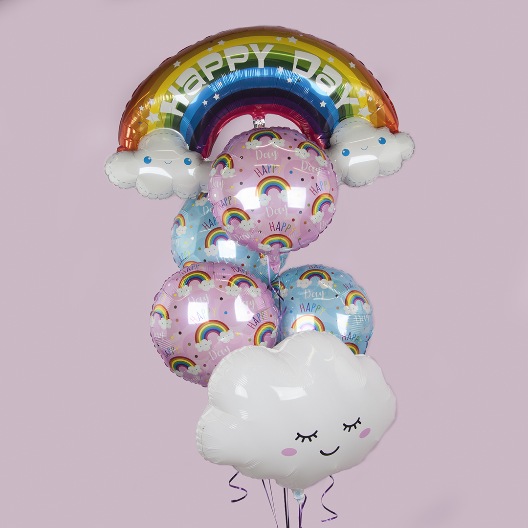 Шар (18''/46 см) Круг, Happy Day (радуга в облаках), Розовый, 1 шт.