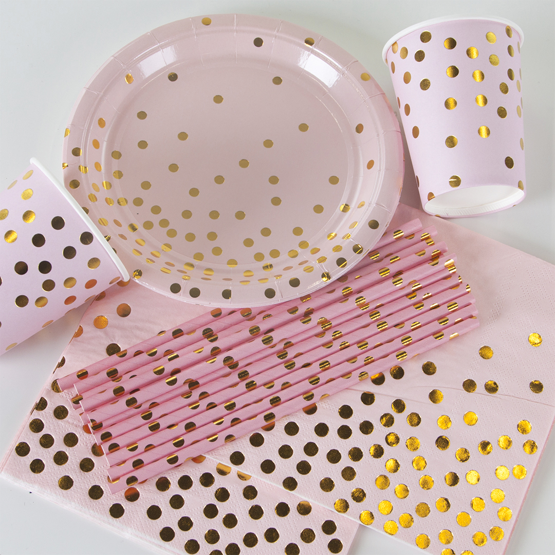 Тарелки (7''/18 см) Конфетти, Розовый/Золото, Металлик, 6 шт.