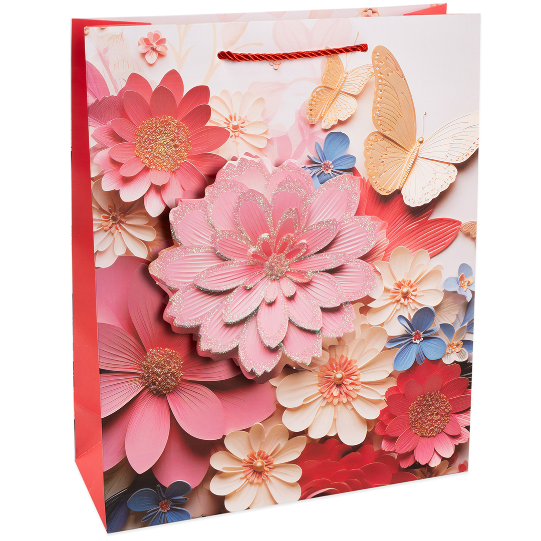 Пакет подарочный, 210гр, Цветочная аппликация, Дизайн №3, с блестками, 32*26*10 см, 1 шт.