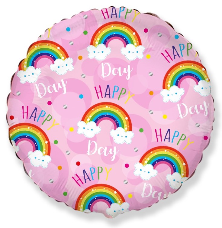 Шар (18''/46 см) Круг, Happy Day (радуга в облаках), Розовый, 1 шт.
