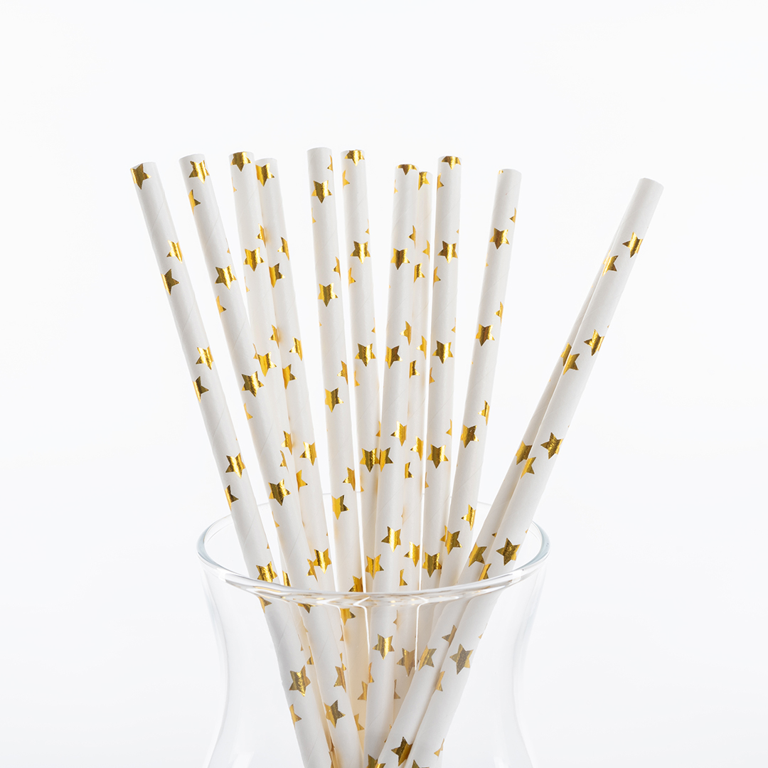 Трубочки для коктейлей, Звезды, Белый/Золото, Металлик, 12 шт. в упак. 
