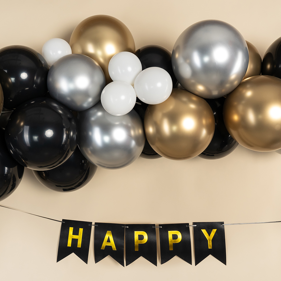 Гирлянда Флажки, Happy Birthday (фактура точки), Черный/Золото, Металлик, 500 см, 16*12 см, 1 упак.