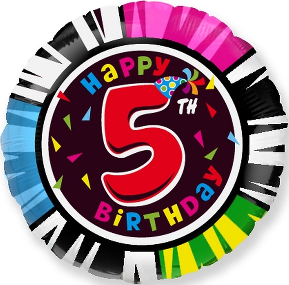 Шар (18''/46 см) Круг, 5 Цифра, Happy Birthday, 1 шт.