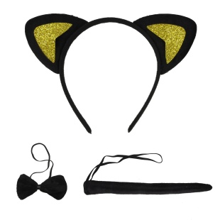 Набор (ушки, бантик, хвостик), Котик, Черный/Золото, с блестками, 1 шт. 