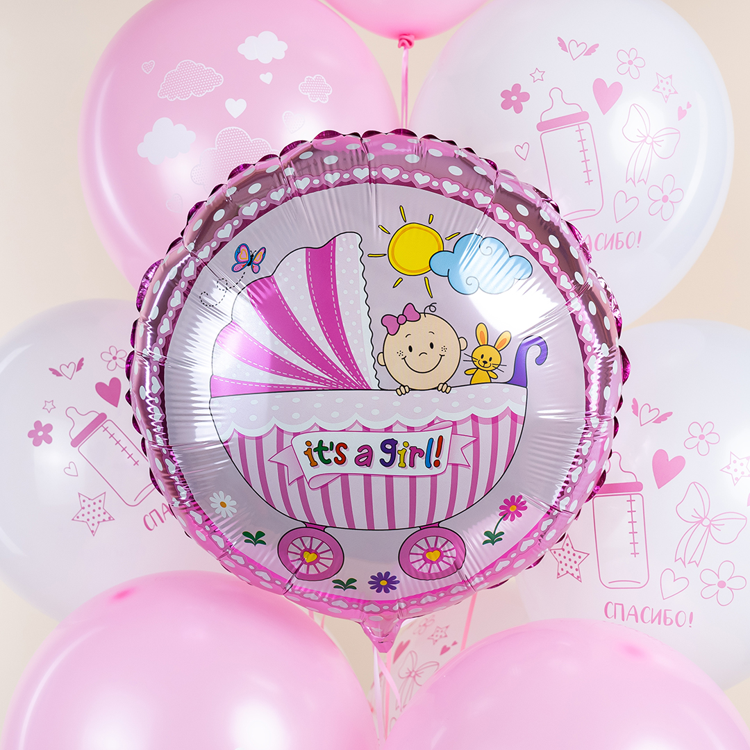 Шар (18''/46 см) Круг, Коляска для девочки, Розовый, 1 шт.