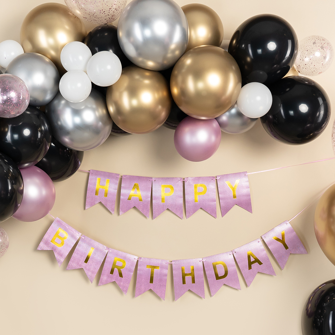 Гирлянда Флажки, Happy Birthday (фактура точки), Розовый/Золото, Металлик, 500 см, 16*12 см, 1 упак.