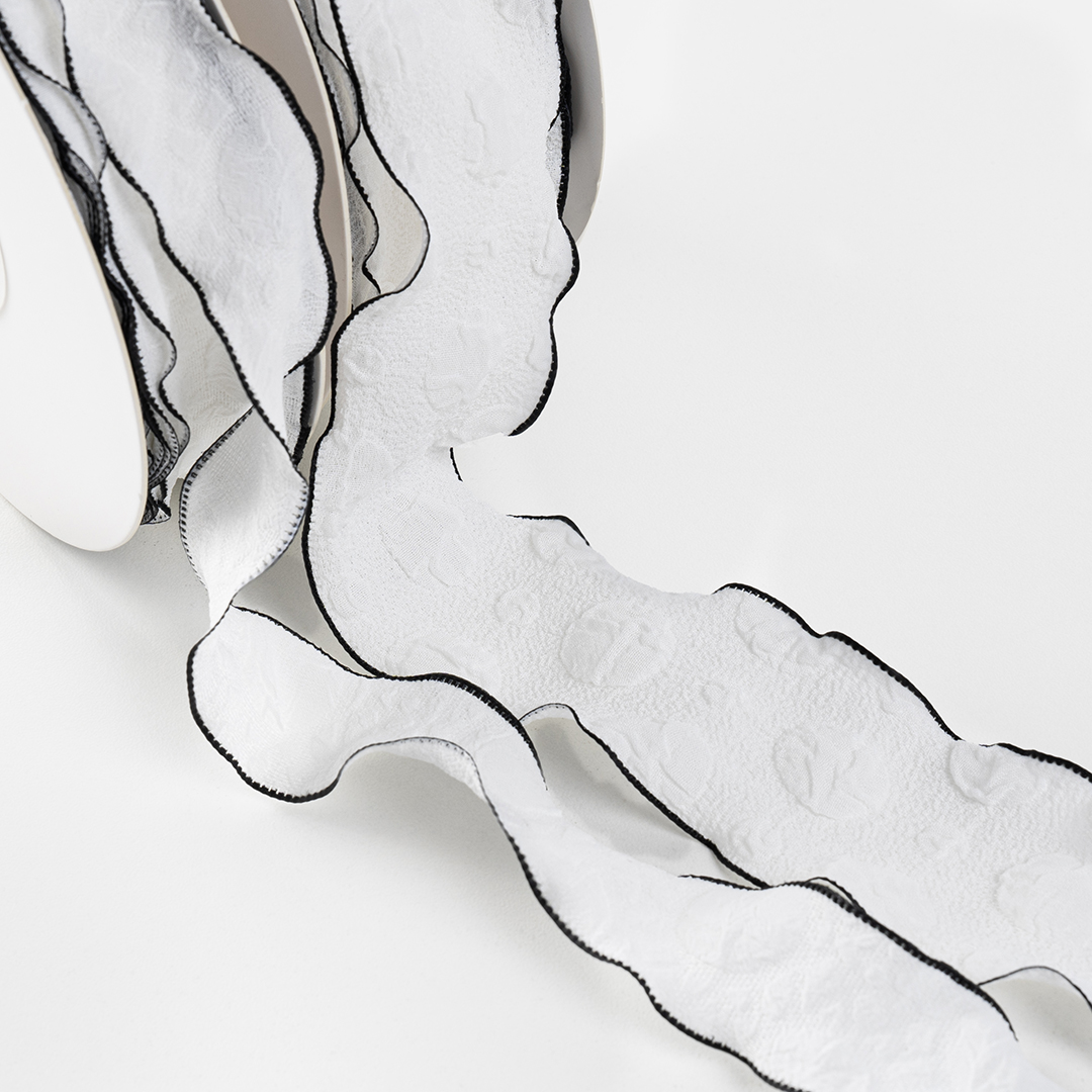 Лента тканевая (2,5 см*9,14 м) Элегантная волна, Белый/Черный, 1 шт.