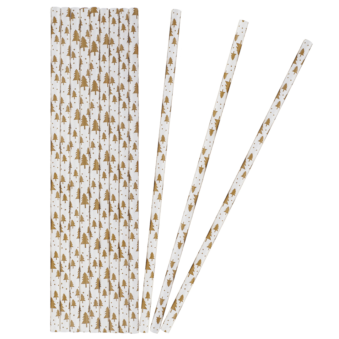 Трубочки для коктейлей, Елочки, Белый/Золото, 12 шт. в упак. 