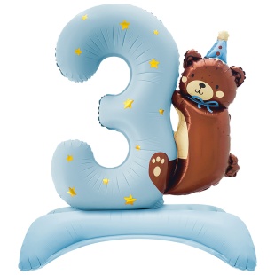 Шар (35''/89 см) Цифра на подставке, 3 Годика, Мишка в колпачке, Голубой, Сатин, 1 шт. в уп.