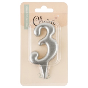 Свеча Цифра, 3 Овал, Серебро, Металлик, 7 см, 1 шт.