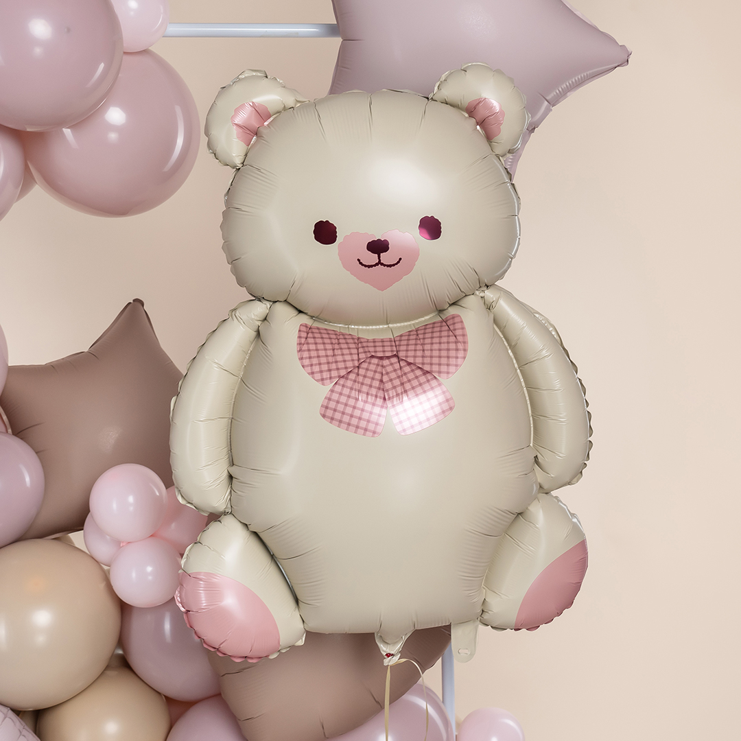 Шар (35''/89 см) Фигура, Мишка с бантом, Бежевый/Розовый, Сатин, 1 шт.