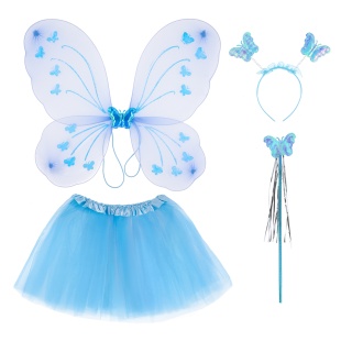 Набор (ободок, крылья, юбочка, волшебная палочка), Фея Бабочка, Голубой, с блестками, 46*40 см, 1 шт