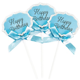 Топперы, Happy Birthday (серебряный глиттер), Голубой, с блестками, 5 шт.