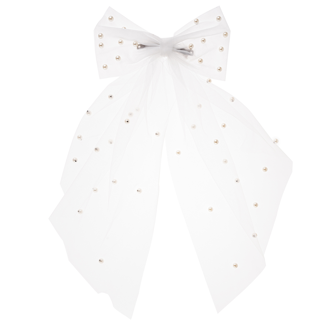 Бант с бусинами на заколке, Белый, 40 см, 1 шт. 