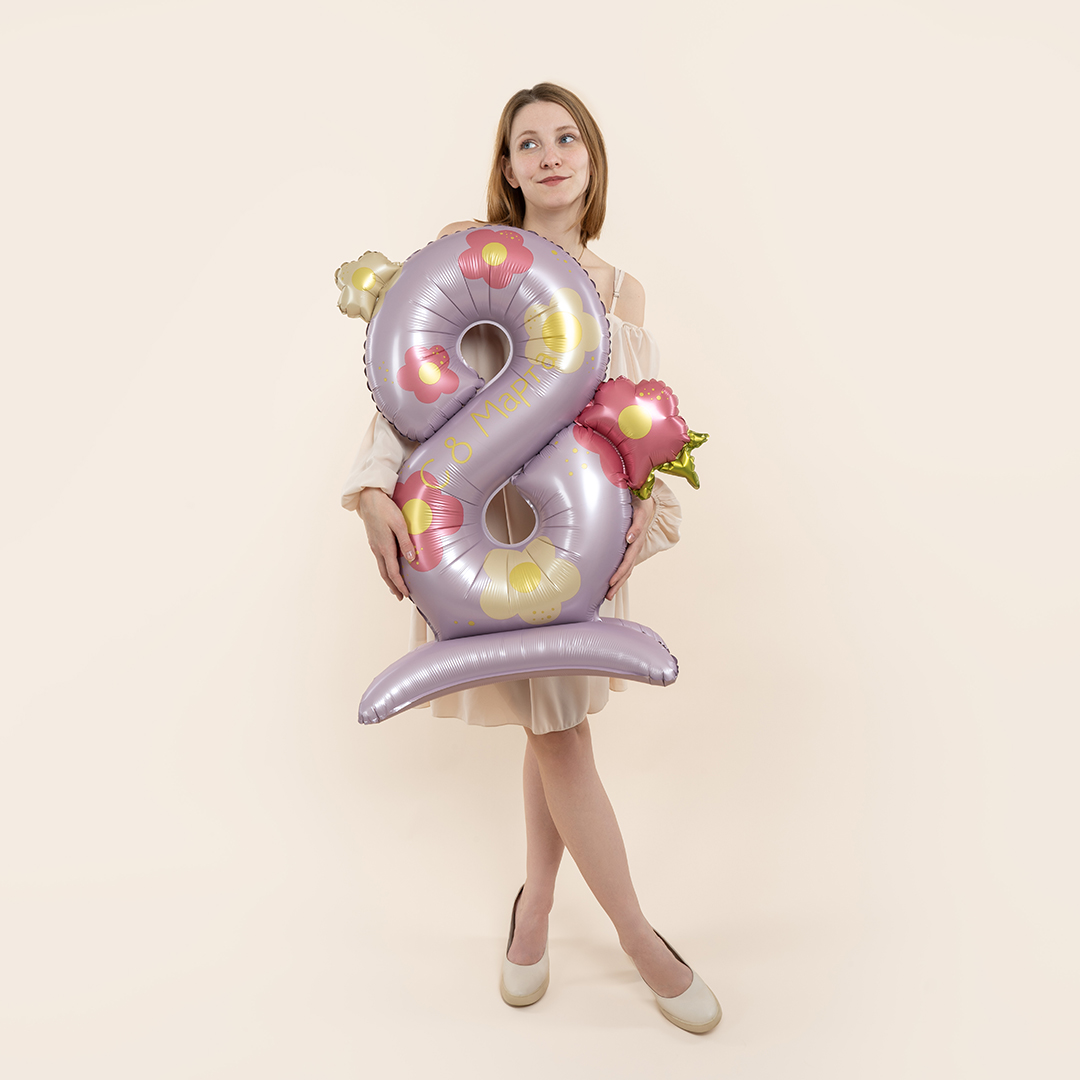 Шар (40''/102 см) Цифра на подставке, 8 Марта, Нежные цветы, 1 шт. в уп.
