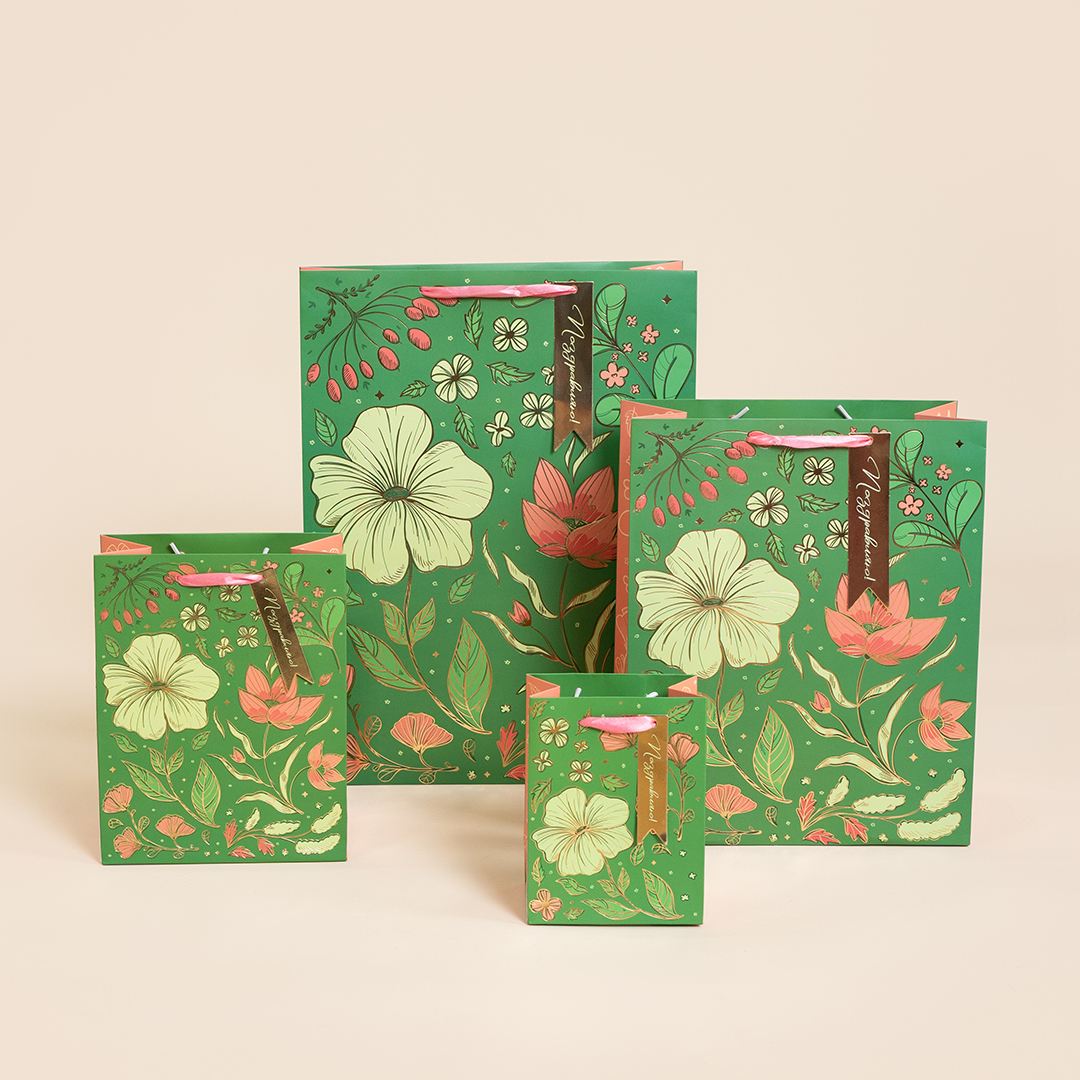 Пакет подарочный, 210гр, Поздравляю (золотые цветы), Металлик, 23*18*10 см, 1 шт.