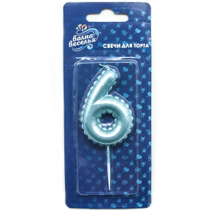 Свеча Цифра, 6 Воздушный шарик, Голубой, Перламутр, 5,8 см, 1 шт. с держат.