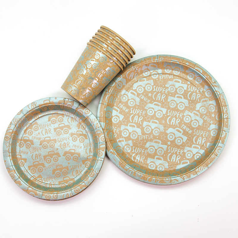 Тарелки (9''/23 см) Супер машинки, Крафт, Голубой, Металлик, 6 шт.