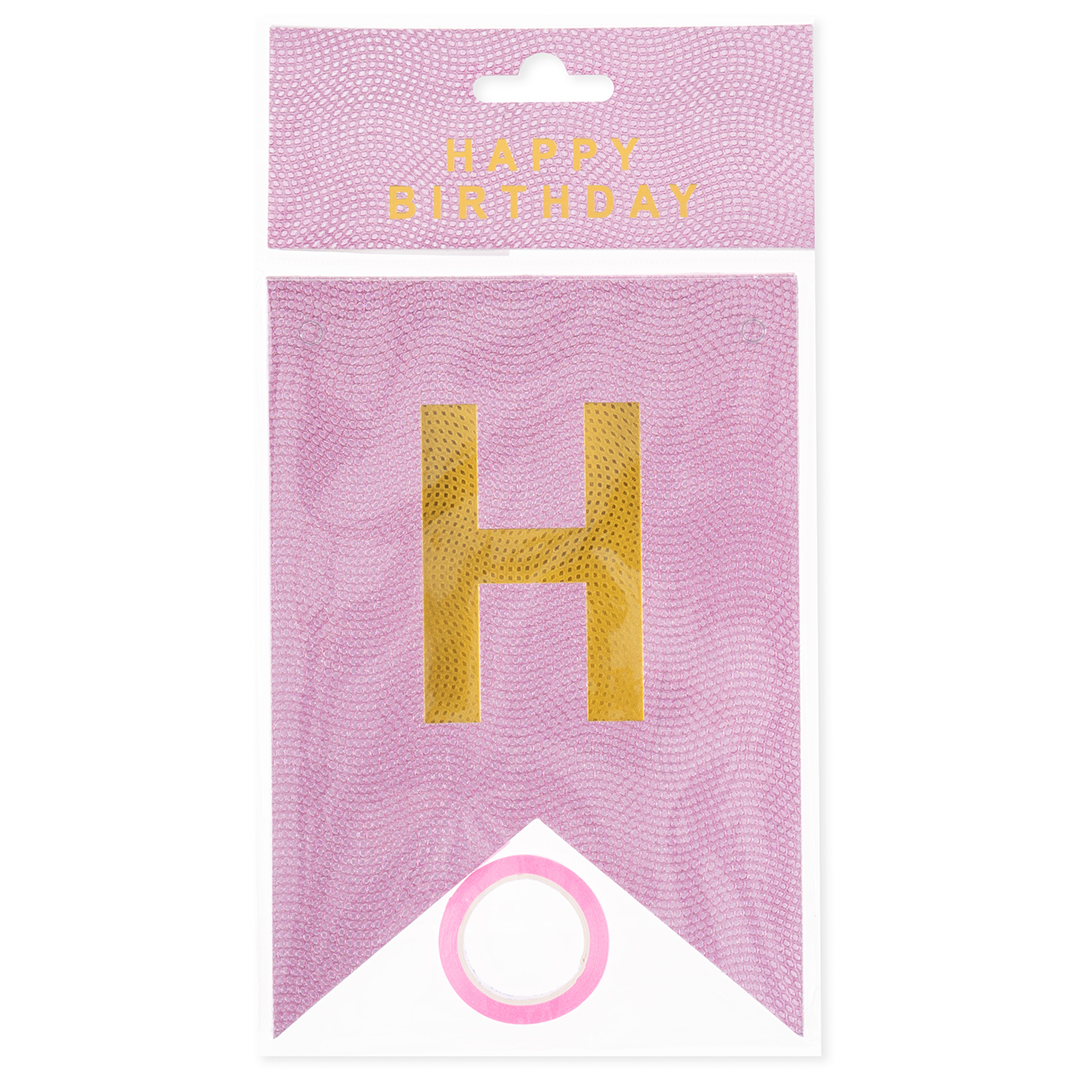 Гирлянда Флажки, Happy Birthday (фактура точки), Розовый/Золото, Металлик, 500 см, 16*12 см, 1 упак.