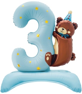 Шар (35''/89 см) Цифра на подставке, 3 Годика, Мишка в колпачке, Голубой, Сатин, 1 шт. в уп.