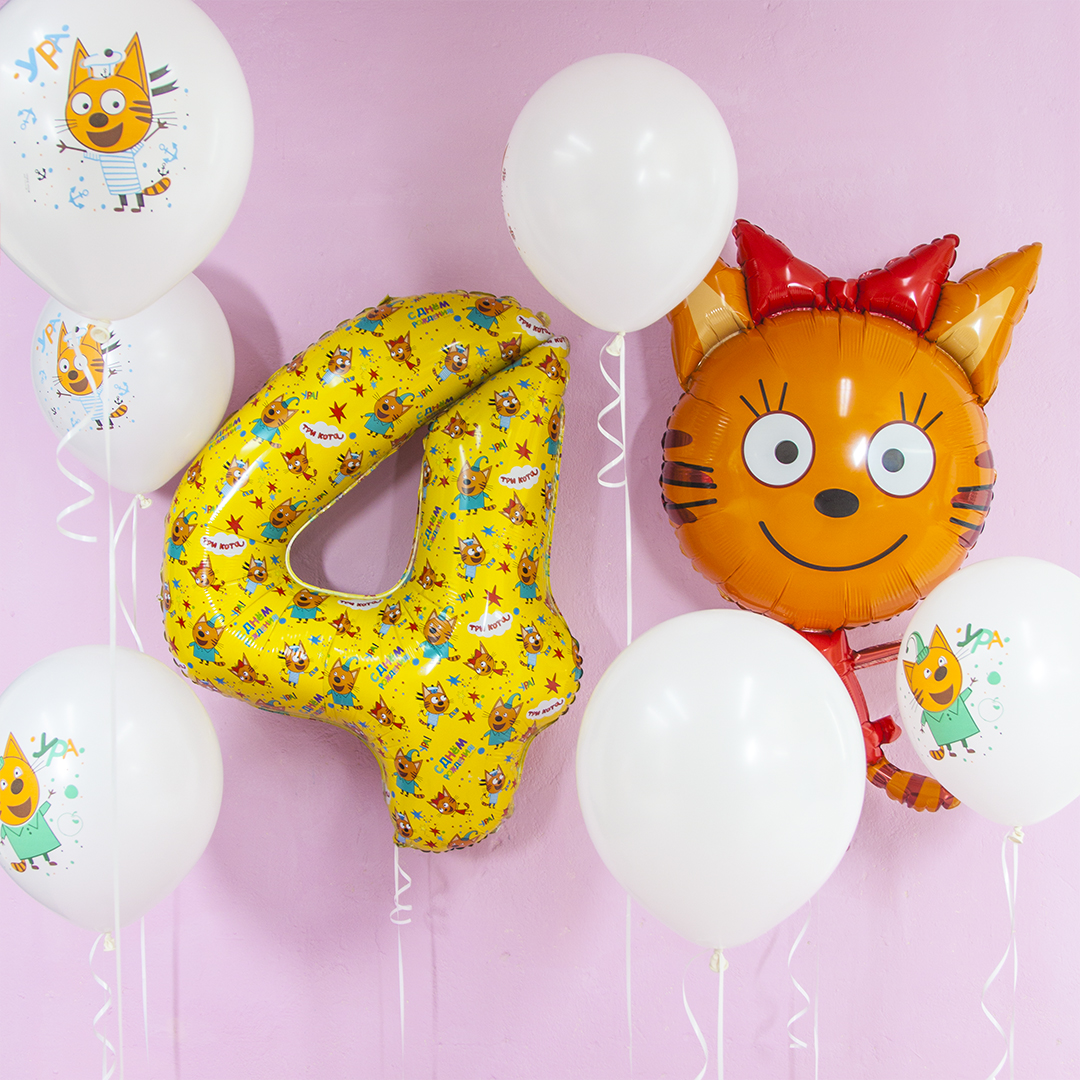 Шар (34''/86 см) Цифра, 4 Три Кота, Желтый, 1 шт. в уп.