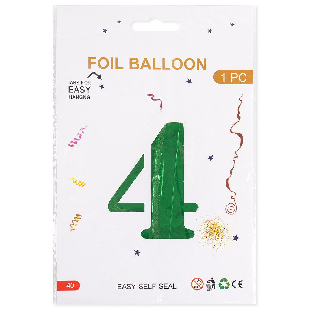 Шар (40''/102 см) Цифра, 4, Зеленый, Металлик, 1 шт. в уп.