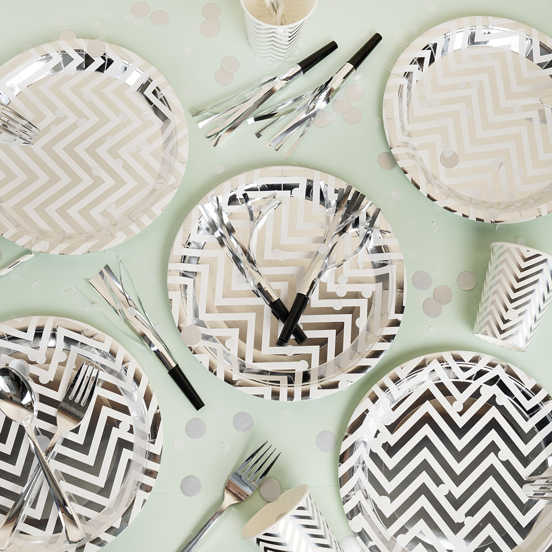 Тарелки (9''/23 см) Зигзаги, Белый/Серебро, Металлик, 6 шт.
