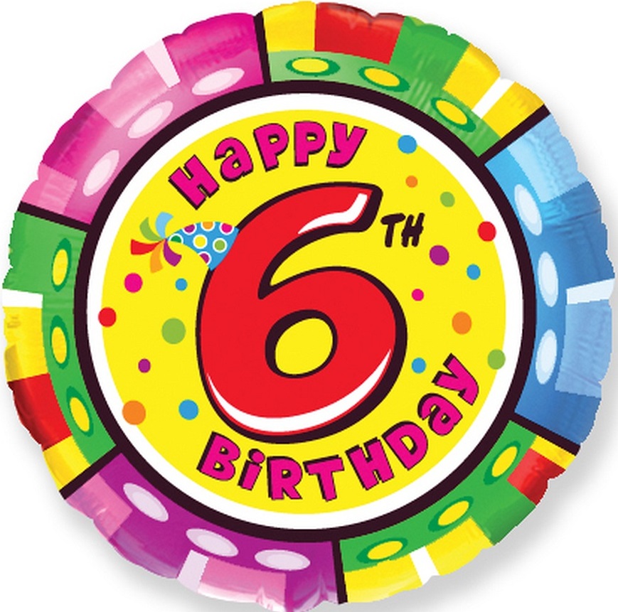 Шар (18''/46 см) Круг, 6 Цифра, Happy Birthday, 1 шт.