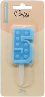 Свеча Цифра, 5 Конструктор, Голубой, 3,3*6,5 + 3 см, 1 шт. с держат.