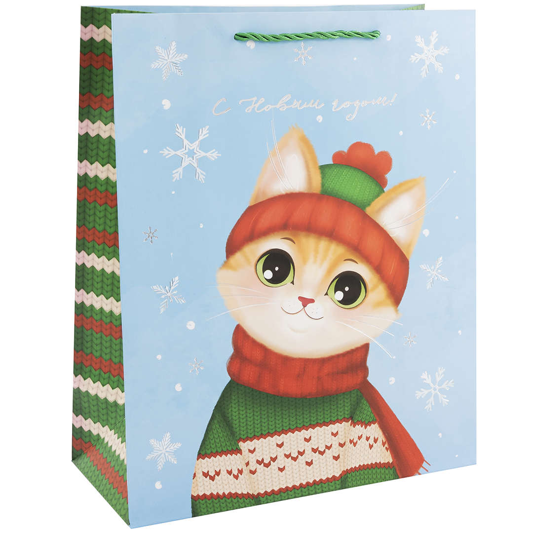 Пакет подарочный, 210гр, С Новым годом! (котик в шапочке), Металлик, 32*26*12 см, 1 шт.