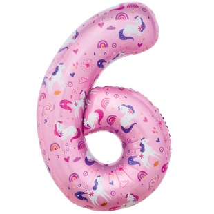 Шар (34''/86 см) Цифра, 6 Волшебные единороги, Розовый, 1 шт. в уп.