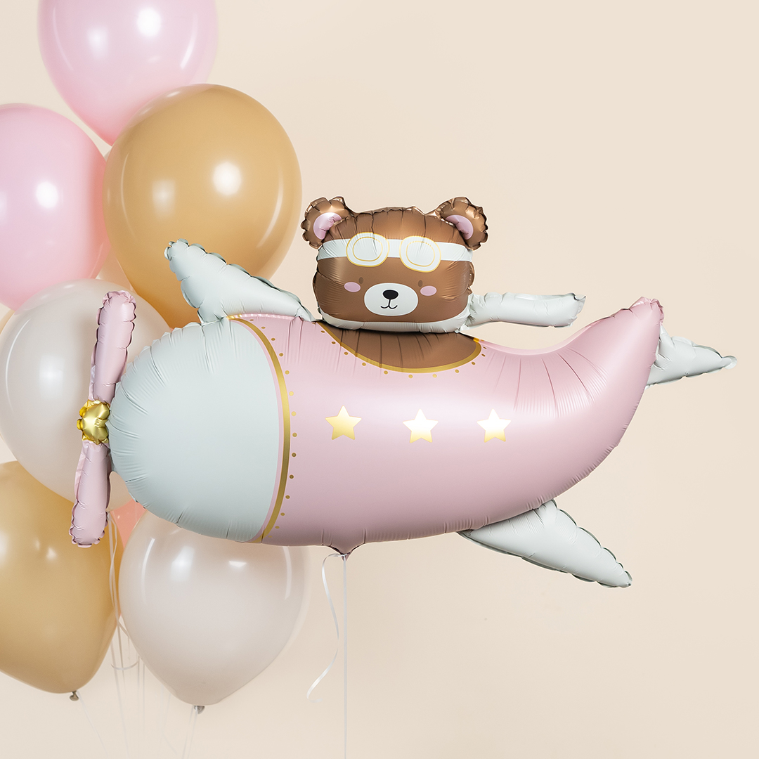 Шар (43''/109 см) Фигура, Мишка в розовом самолете, Сатин, 1 шт.