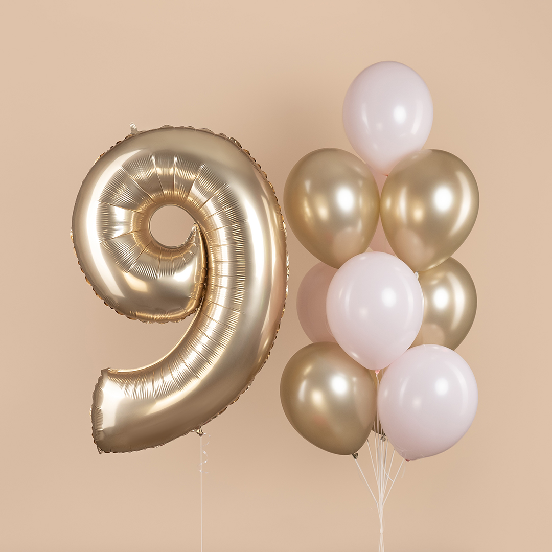 Шар (40''/102 см) Цифра, 9, Белое золото, Металлик, 1 шт. в уп.