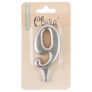 Свеча Цифра, 9 Овал, Серебро, Металлик, 7 см, 1 шт.