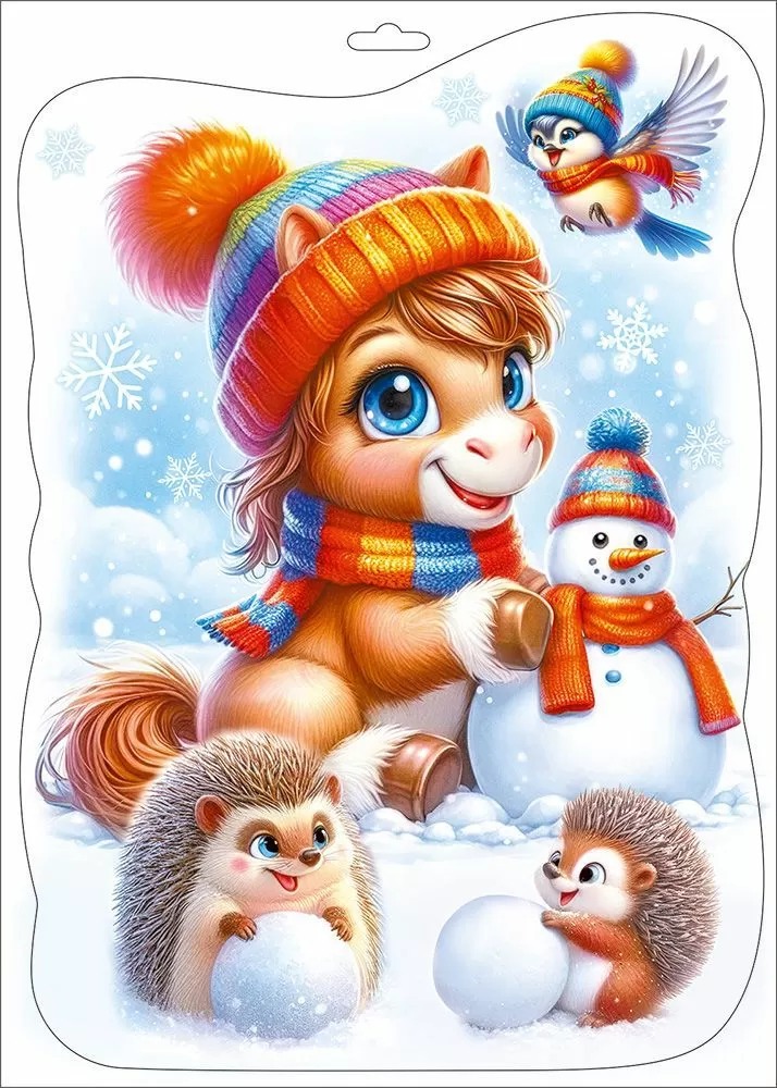 Наклейки Лошадка и снеговичок, 23,7*33,2 см, 1 шт.