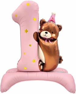 Шар (35''/89 см) Цифра на подставке, 1 Годик, Мишка в колпачке, Розовый, Сатин, 1 шт. в уп.