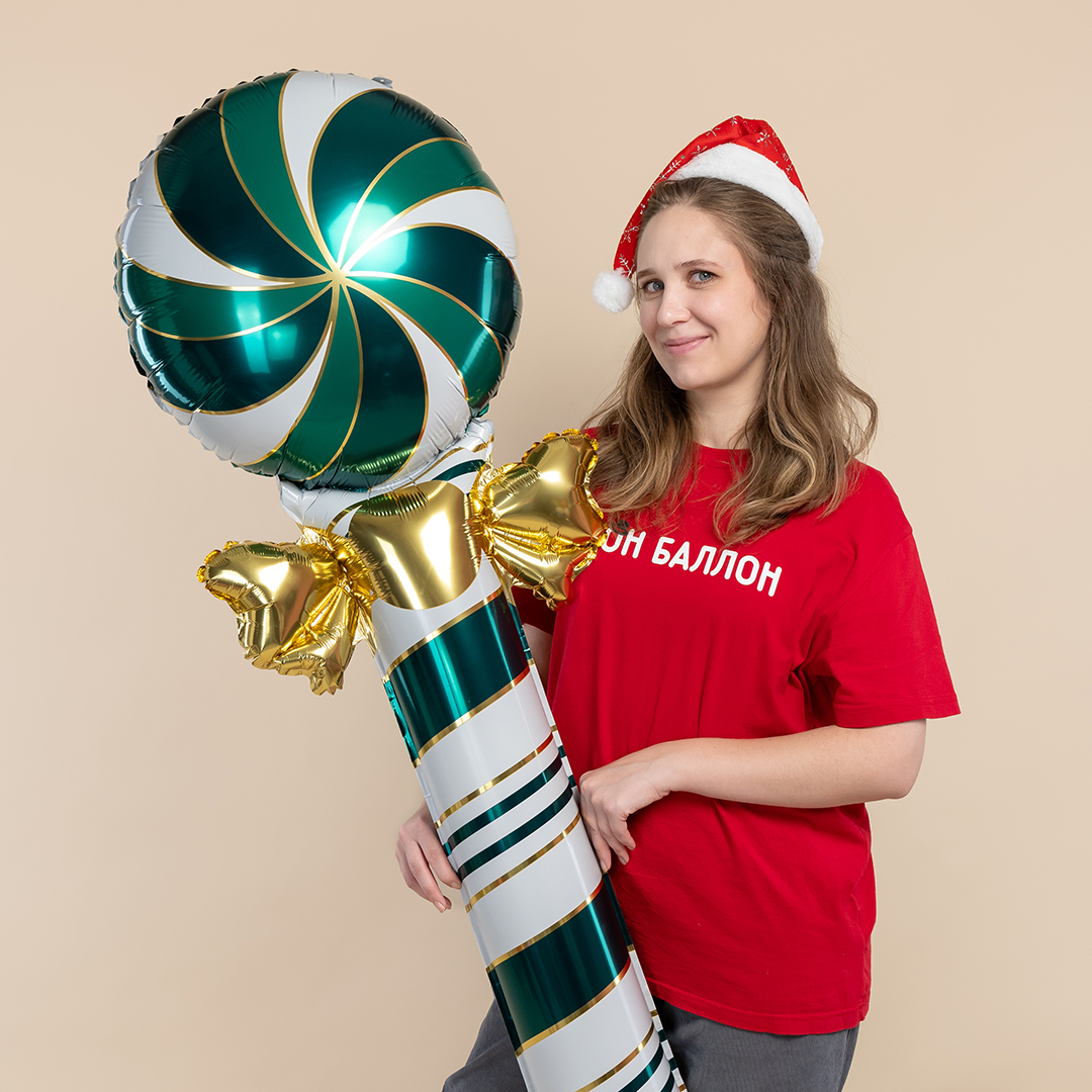Шар (59''/150 см) Фигура, Леденец трость с бантом, Зеленый/Золото, 1 шт. в уп.