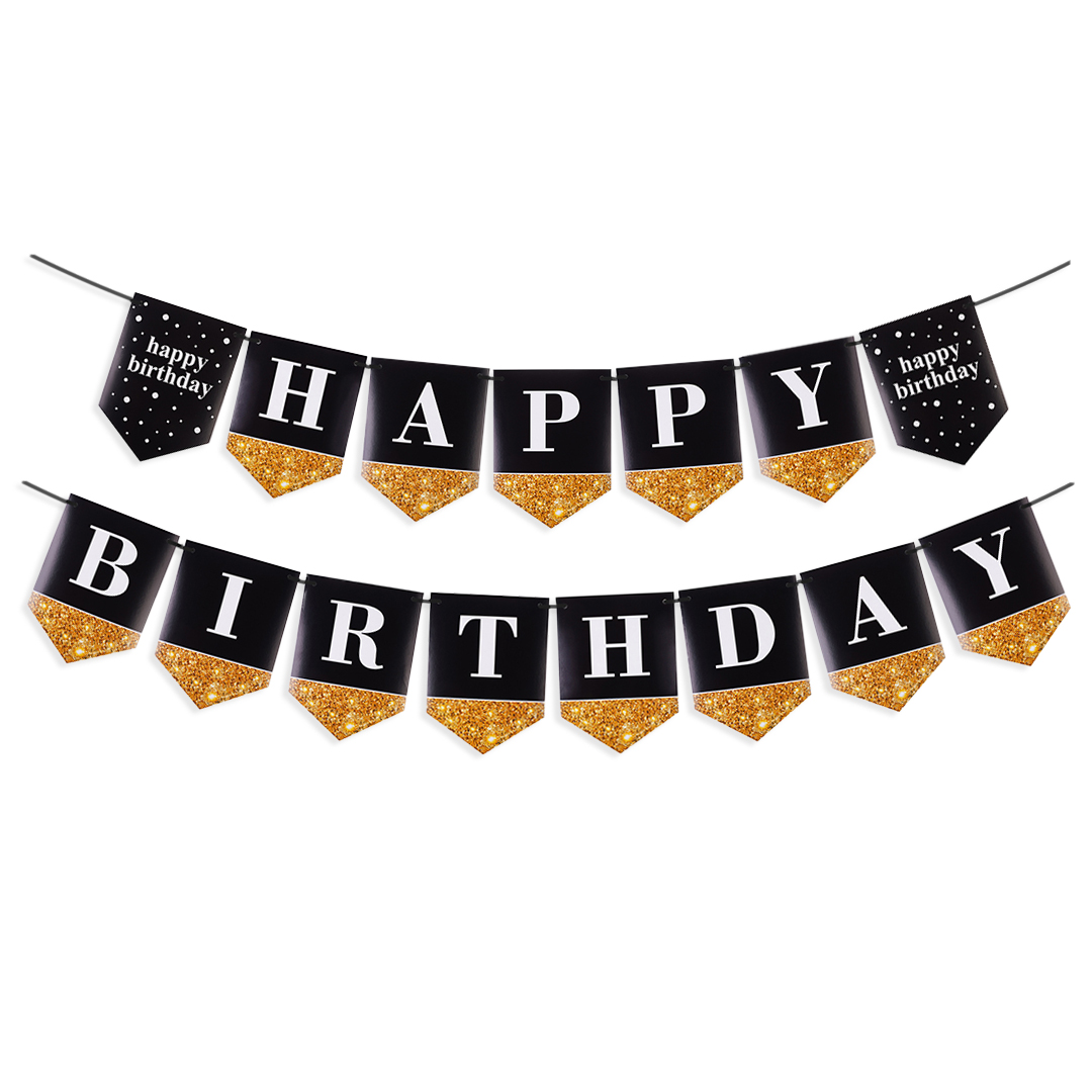Гирлянда Флажки, Happy Birthday, Черный/Золото, 250 см, 1 упак.