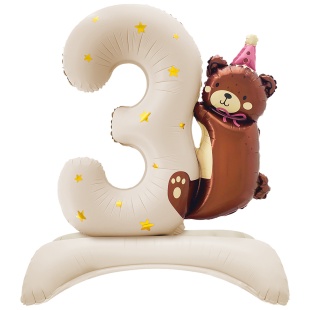 Шар (35''/89 см) Цифра на подставке, 3 Годика, Мишка в розовом колпачке, Бежевый, Сатин, 1 шт. в уп.