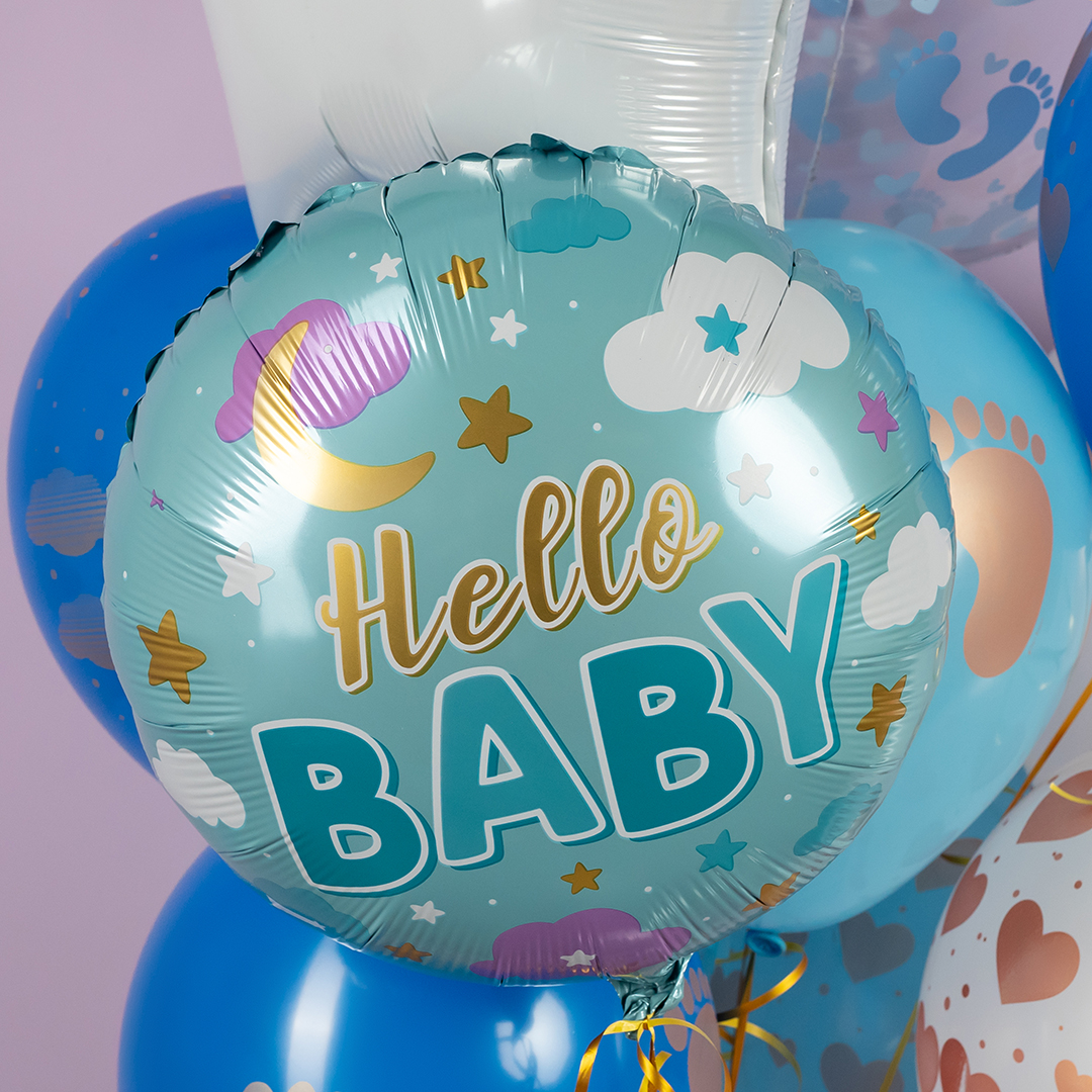 Шар (18''/46 см) Круг, Привет, Малыш (облака и звездочки), Голубой, 1 шт.