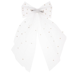 Бант с бусинами на заколке, Белый, 40 см, 1 шт. 