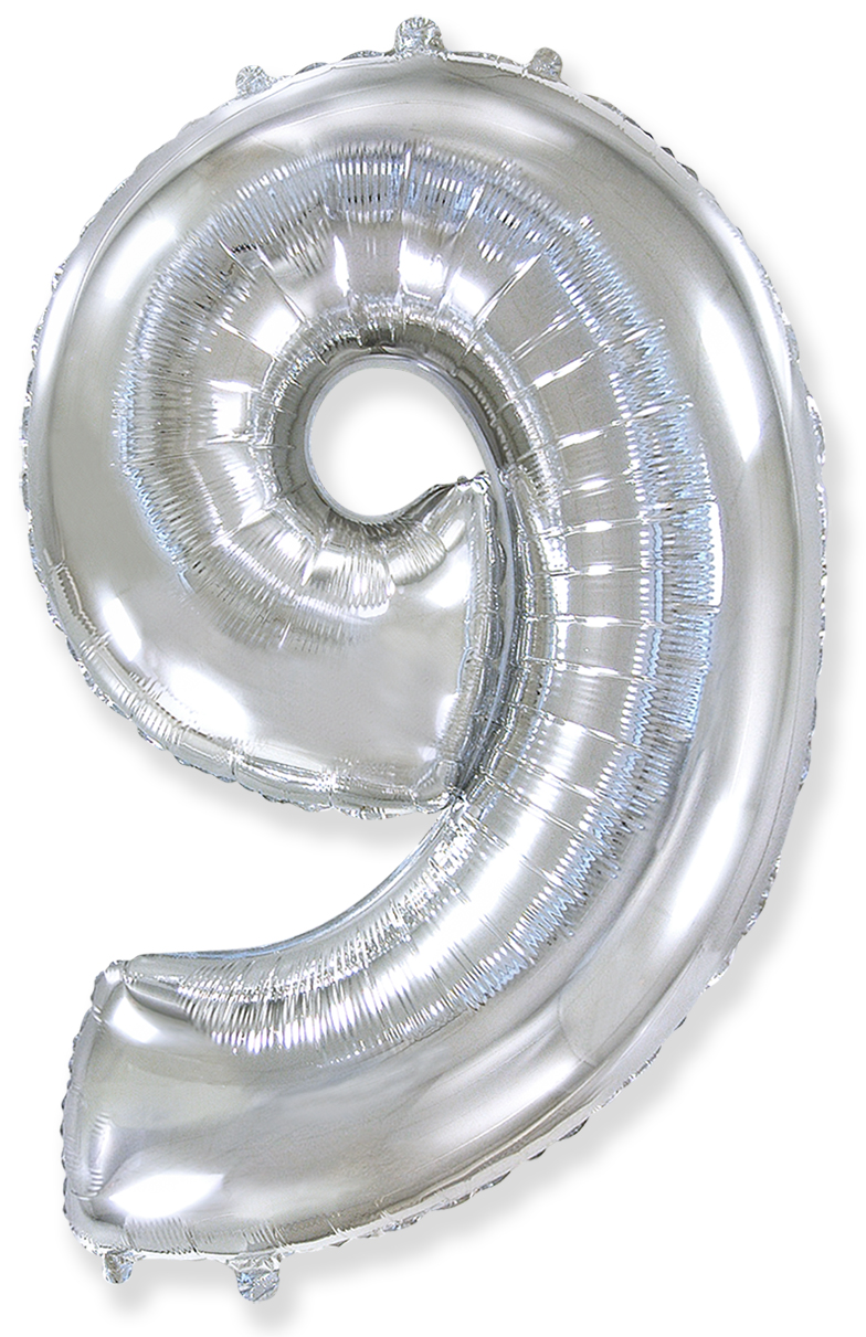 Шар (40''/102 см) Цифра, 9, Серебро, 1 шт.