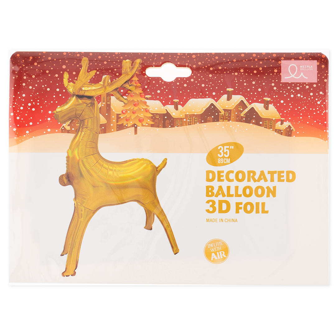 Шар 3D (35''/89 см) Фигура, Олень, Золото, Голография, 1 шт. в уп.