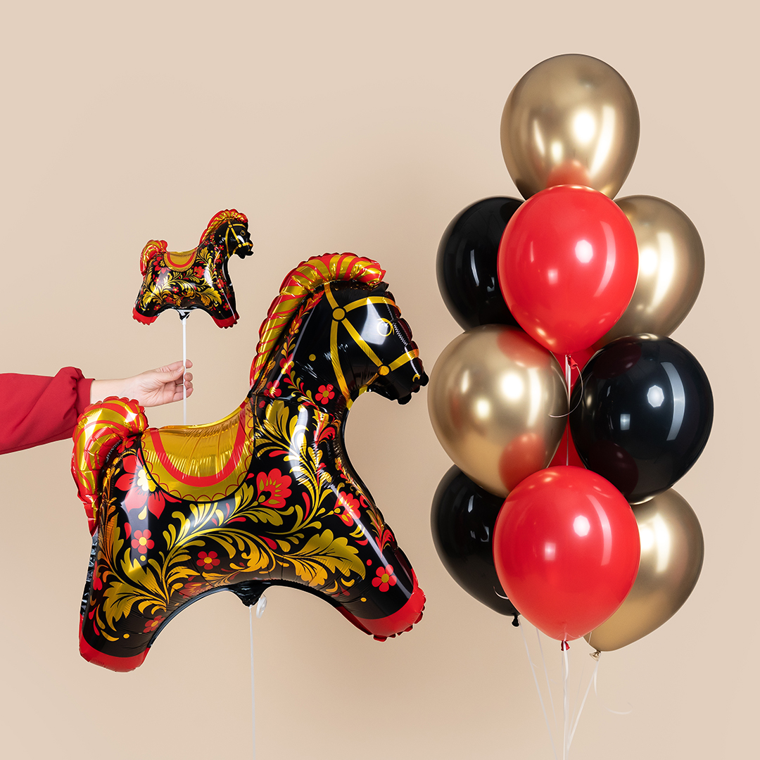 Шар (11''/28 см) Мини-фигура, Лошадка Золотая роспись, 1 шт.