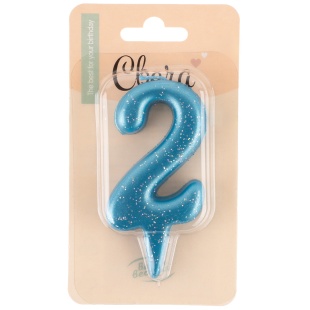 Свеча Цифра, 2 Овал, Синий, с блестками, 4*8 см, 1 шт.