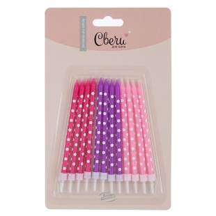 Свечи Белые точки, Ассорти для девочки, 0,5*10 + 1 см, 12 шт. с держат.