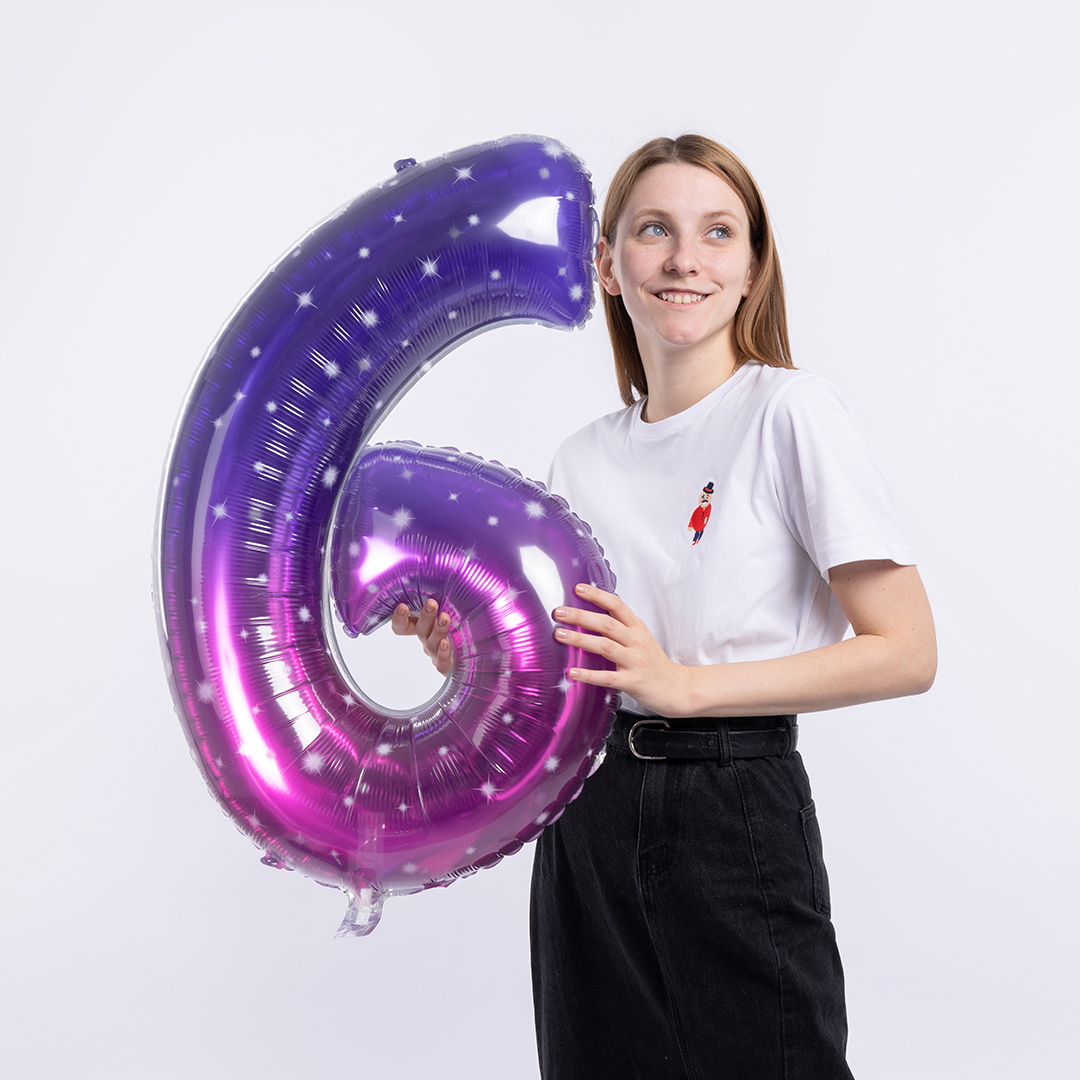 Шар (34''/86 см) Цифра, 6 Сияющий космос, Сиреневый, Градиент, 1 шт. в уп.