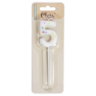 Свеча Цифра, 5 Сладкое конфетти, на шпажке, Белый, 5 + 7 см, 1 шт. с держат.