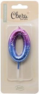 Свеча Цифра, 0 Сияющий космос, на шпажке, Градиент, 6 + 3 см, 1 шт. с держат.